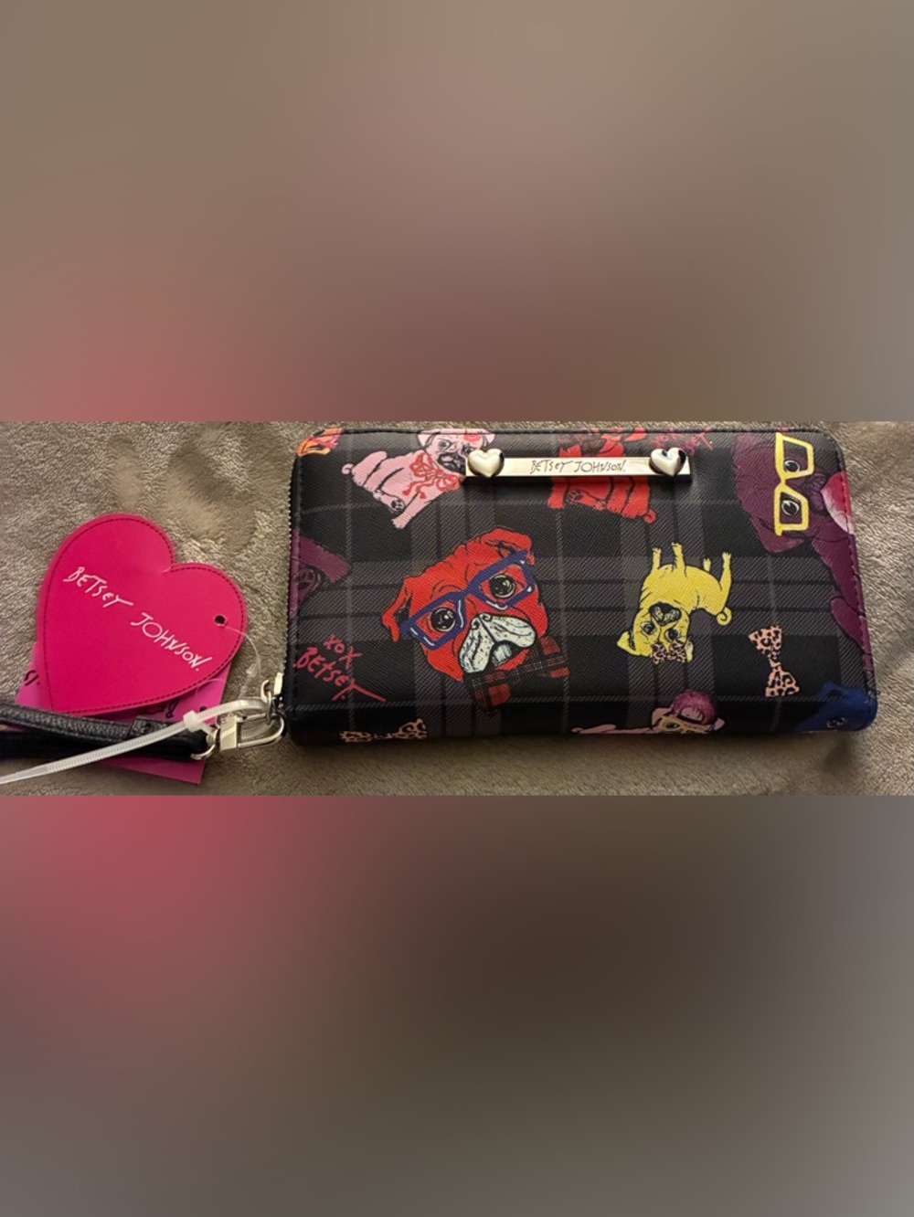 Betsey Johnson Black Plaid Wallet with Red, Yellow, Pink and Purple Dog Motif